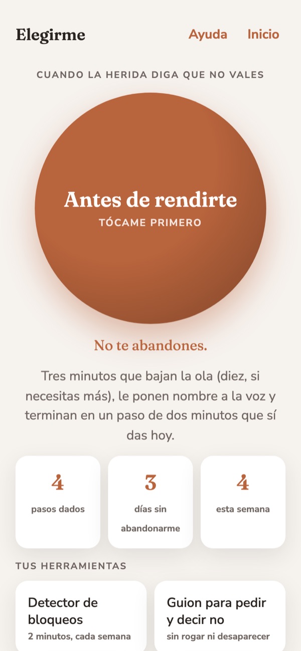 Pantalla de inicio de Elegirme con el botón Antes de rendirte