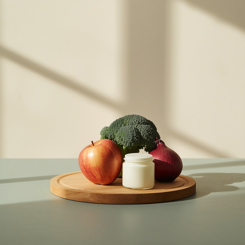Alimentos «saludables» que pueden estar inflamándote Brócoli, manzana, un frasco de yogur y una cebolla morada sobre una tabla de madera