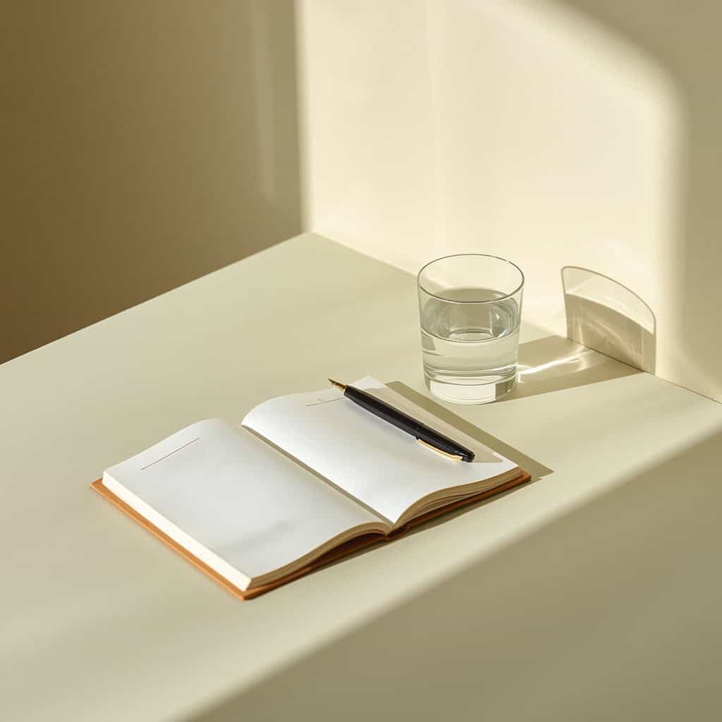 Cuaderno abierto en blanco y una pluma fuente junto a un vaso de agua sobre un escritorio de madera clara