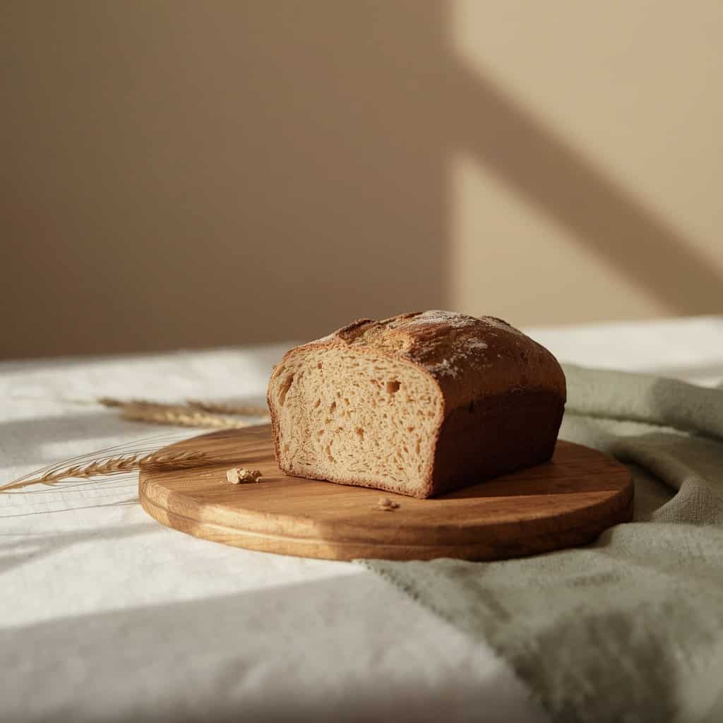 Celiaquía: por qué no debes dejar el gluten antes de estudiarte Pan integral cortado a la mitad sobre una tabla de madera, junto a espigas de trigo, sobre un lienzo de lino
