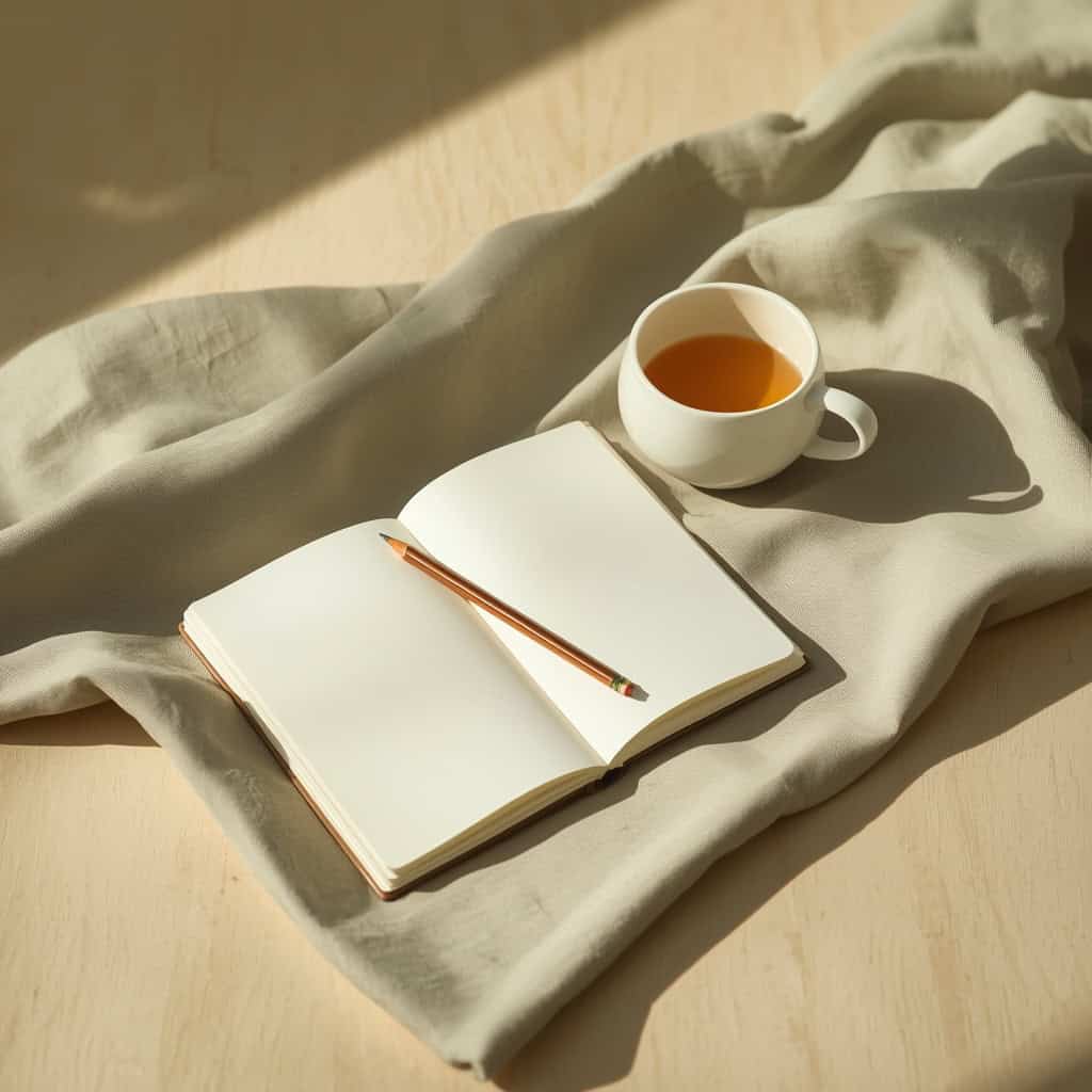 Cuaderno abierto en blanco con un lápiz encima y una taza de infusión sobre tela de lino
