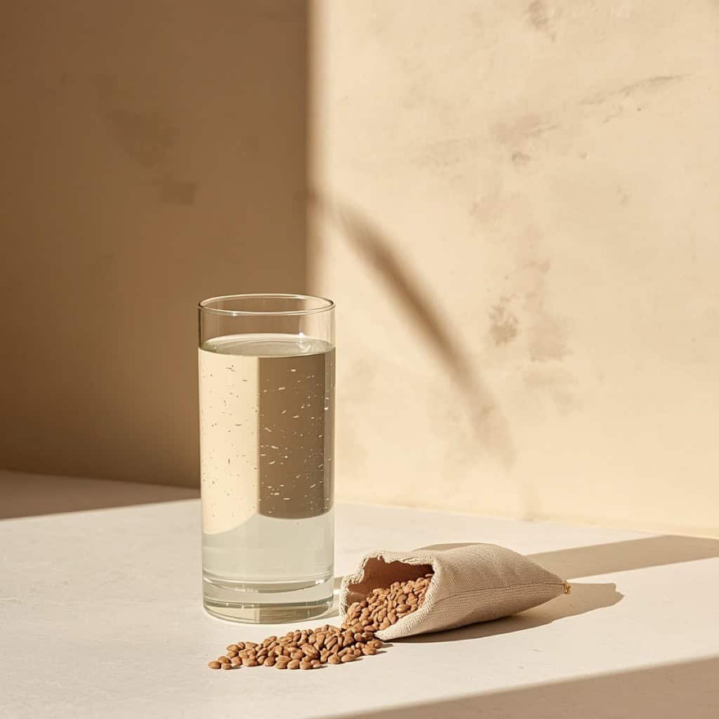 Vaso de agua junto a una bolsa de lino con semillas de linaza derramadas sobre una superficie clara