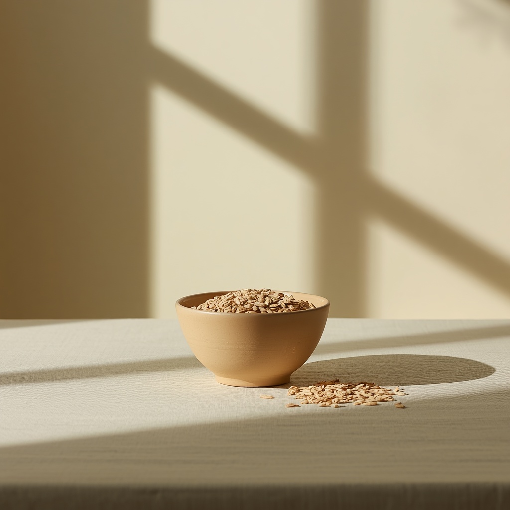 ¿Por qué me inflamo después de comer, aunque coma sano? Cuenco de cerámica con avena sobre un mantel de lino, iluminado por luz natural lateral