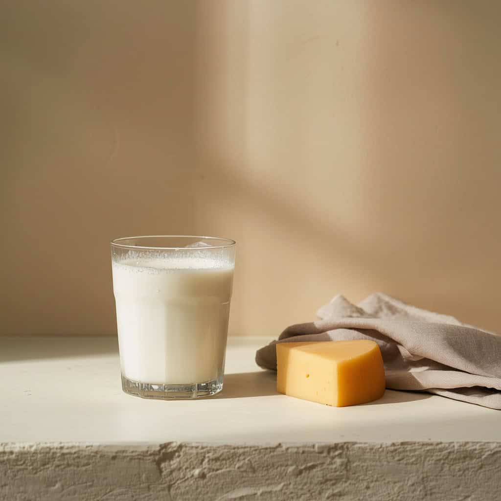 Vaso de leche a la mitad junto a una cuña de queso y una servilleta de lino sobre superficie de piedra clara