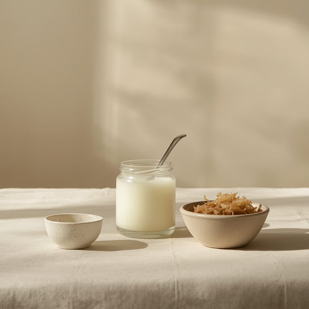 Frasco de vidrio con yogur natural y una cuchara junto a un cuenco de chucrut sobre mantel de lino