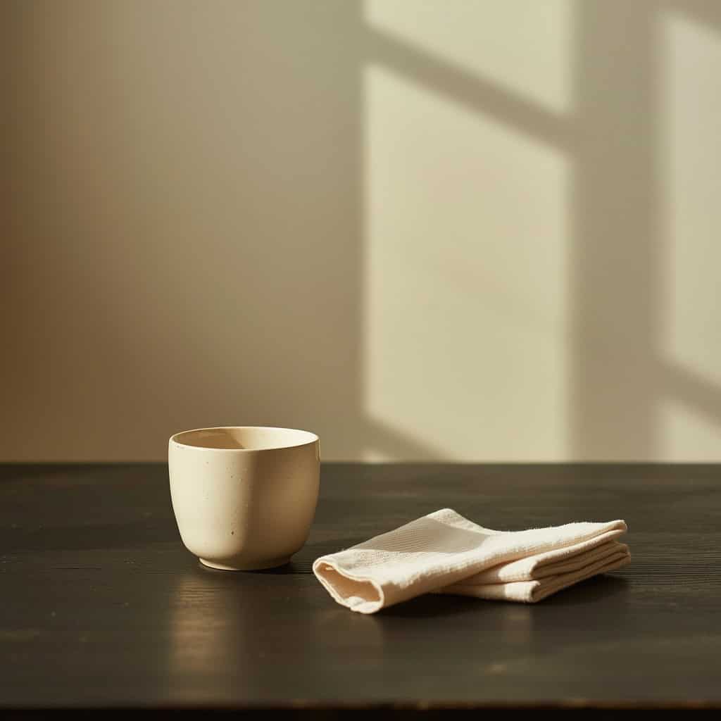 Taza de cerámica vacía y servilleta de lino doblada sobre una mesa de madera oscura con luz de tarde