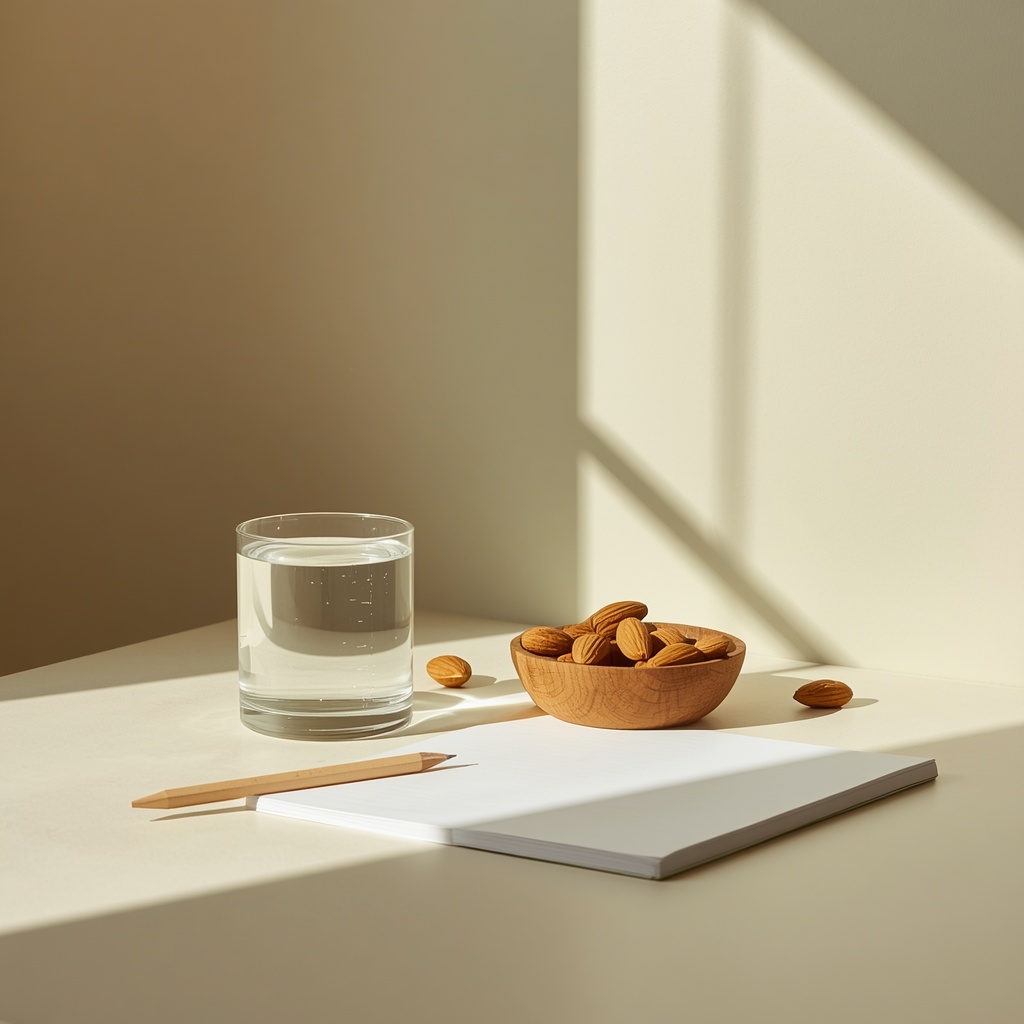 Resistencia a la insulina: cómo saber si la tienes antes de que sea diabetes Vaso de agua, cuenco de madera con almendras y un cuaderno en blanco con lápiz sobre una superficie clara