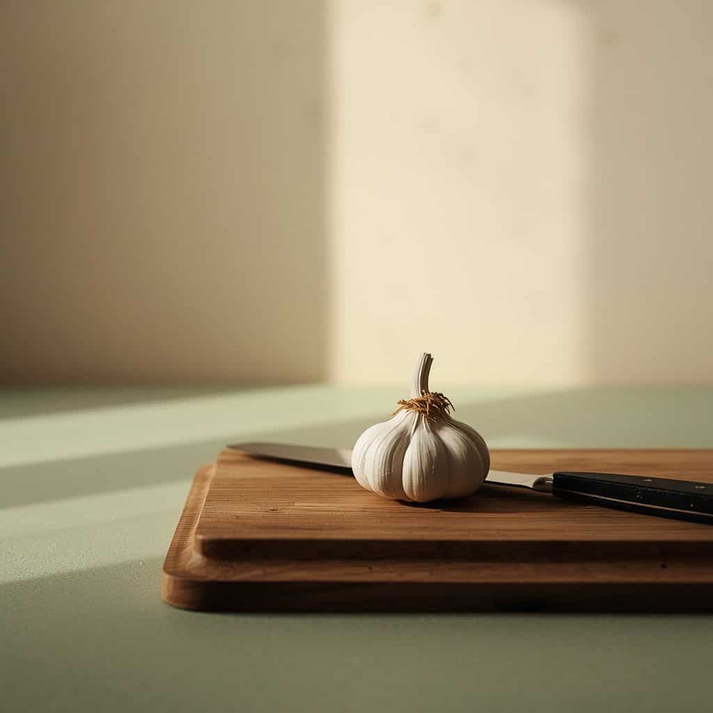 ¿Qué es el SIBO y cómo saber si lo tienes? Bulbo de ajo entero y un cuchillo pequeño sobre una tabla de madera rústica