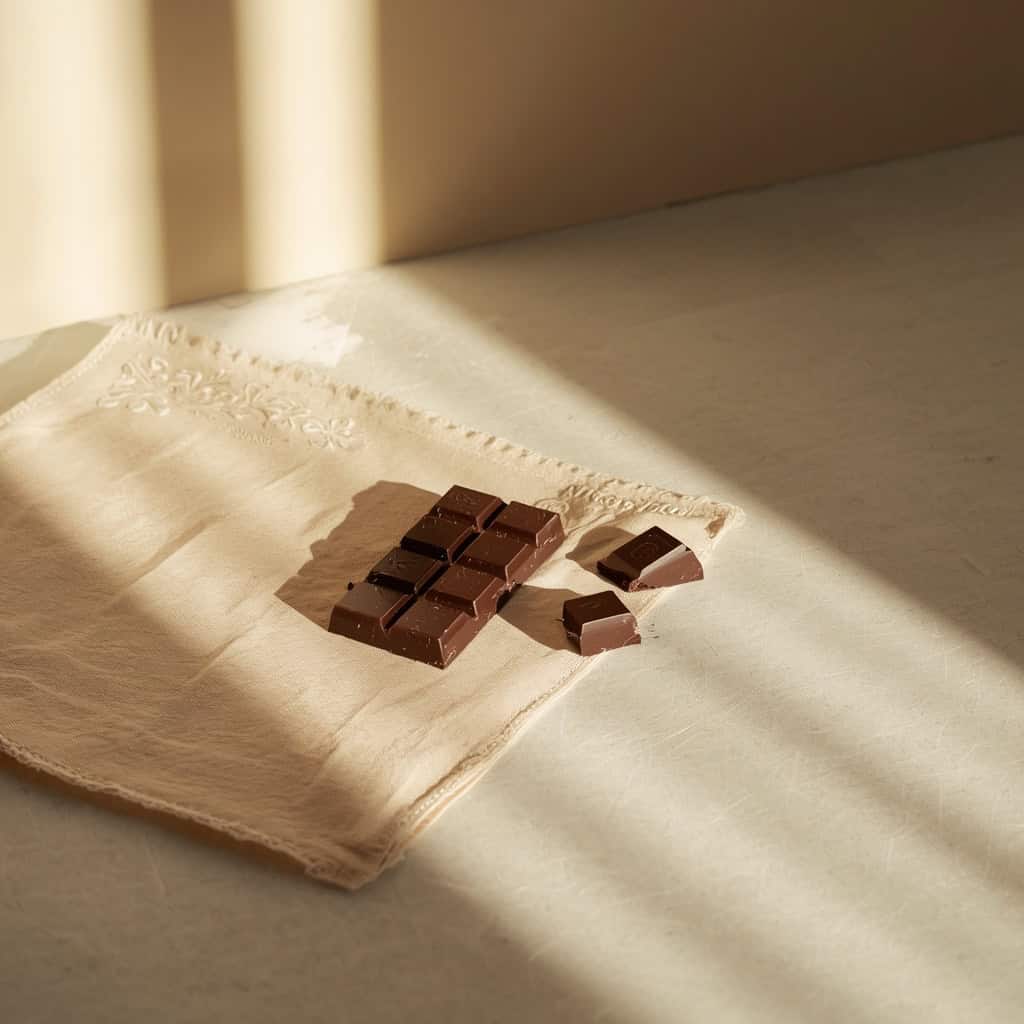 Tableta de chocolate oscuro con dos cuadros partidos sobre un paño de lino, luz de tarde