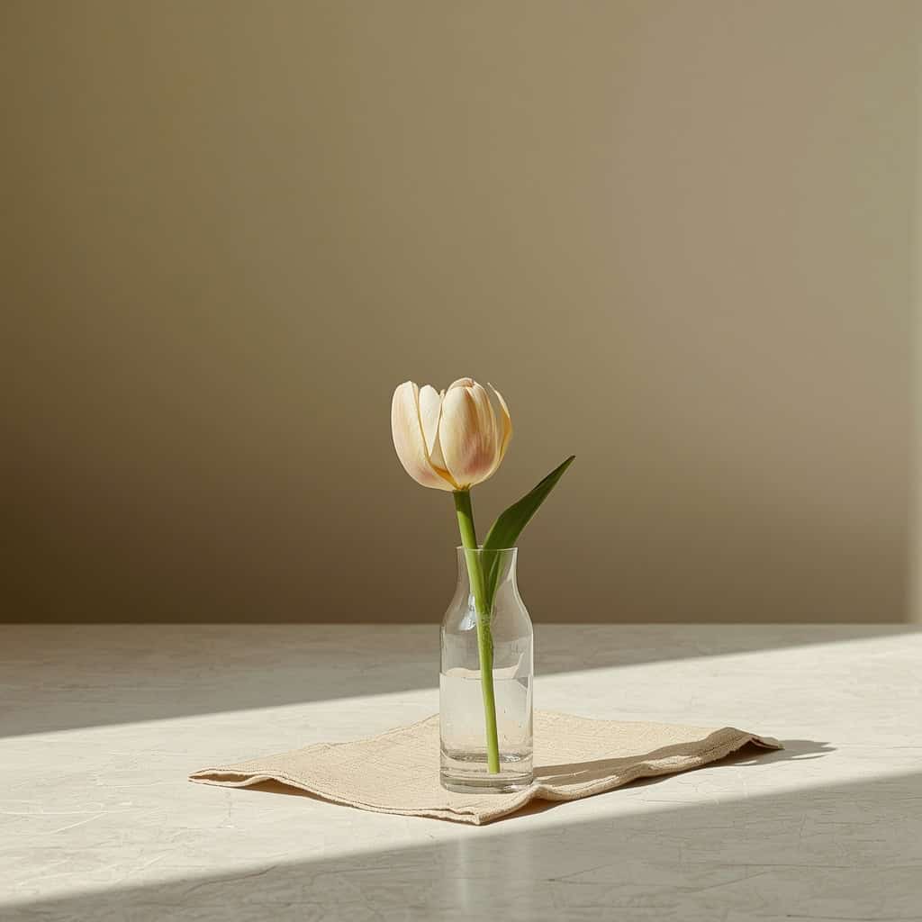 Tulipán pálido inclinado en un florero de vidrio sobre lino, luz de sobremesa, imagen sobre sueño después de comer
