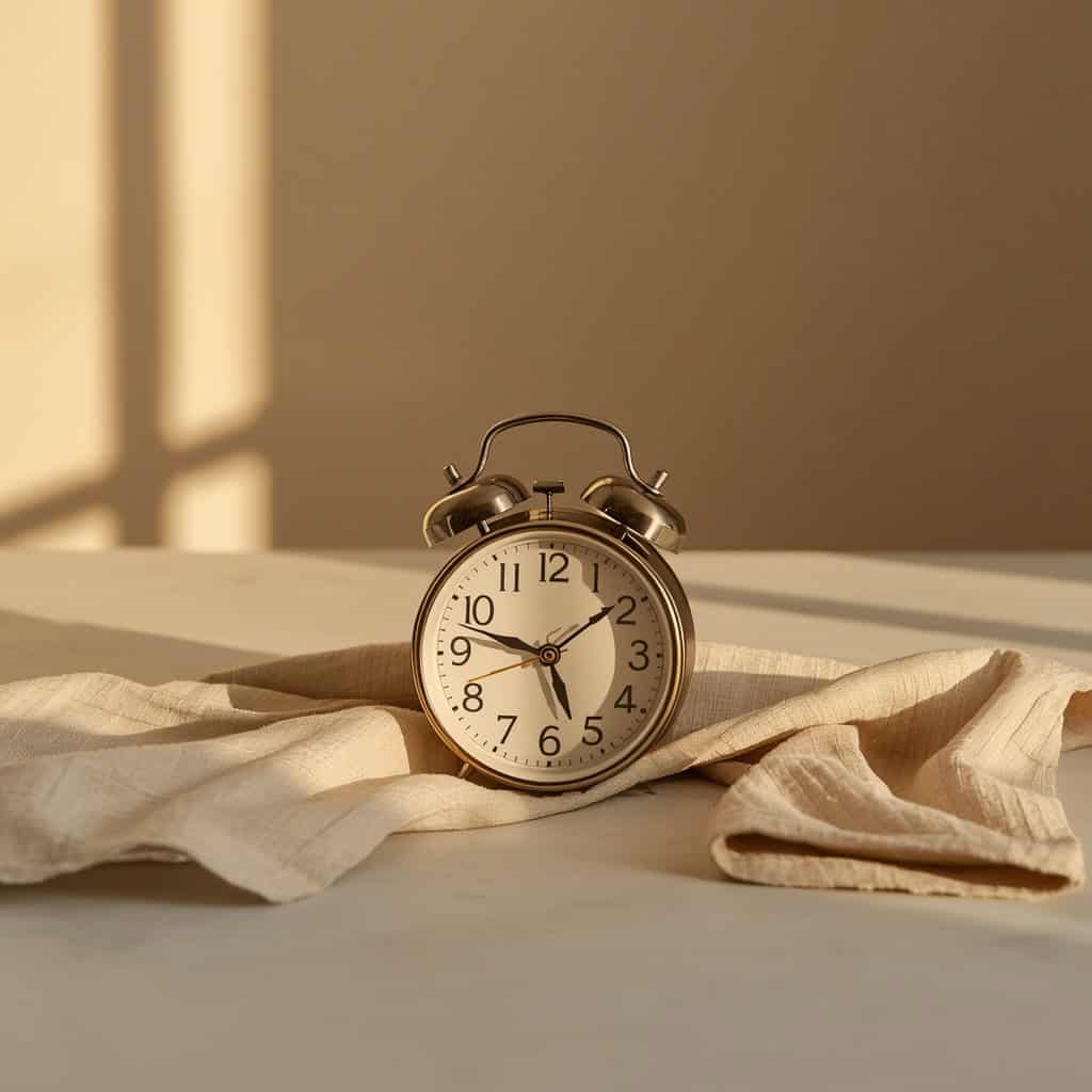Por qué te inflamas más por la noche que por la mañana Reloj despertador analógico sobre un lienzo de lino, con las manecillas marcando una hora avanzada de la noche y luz cálida de lámpara