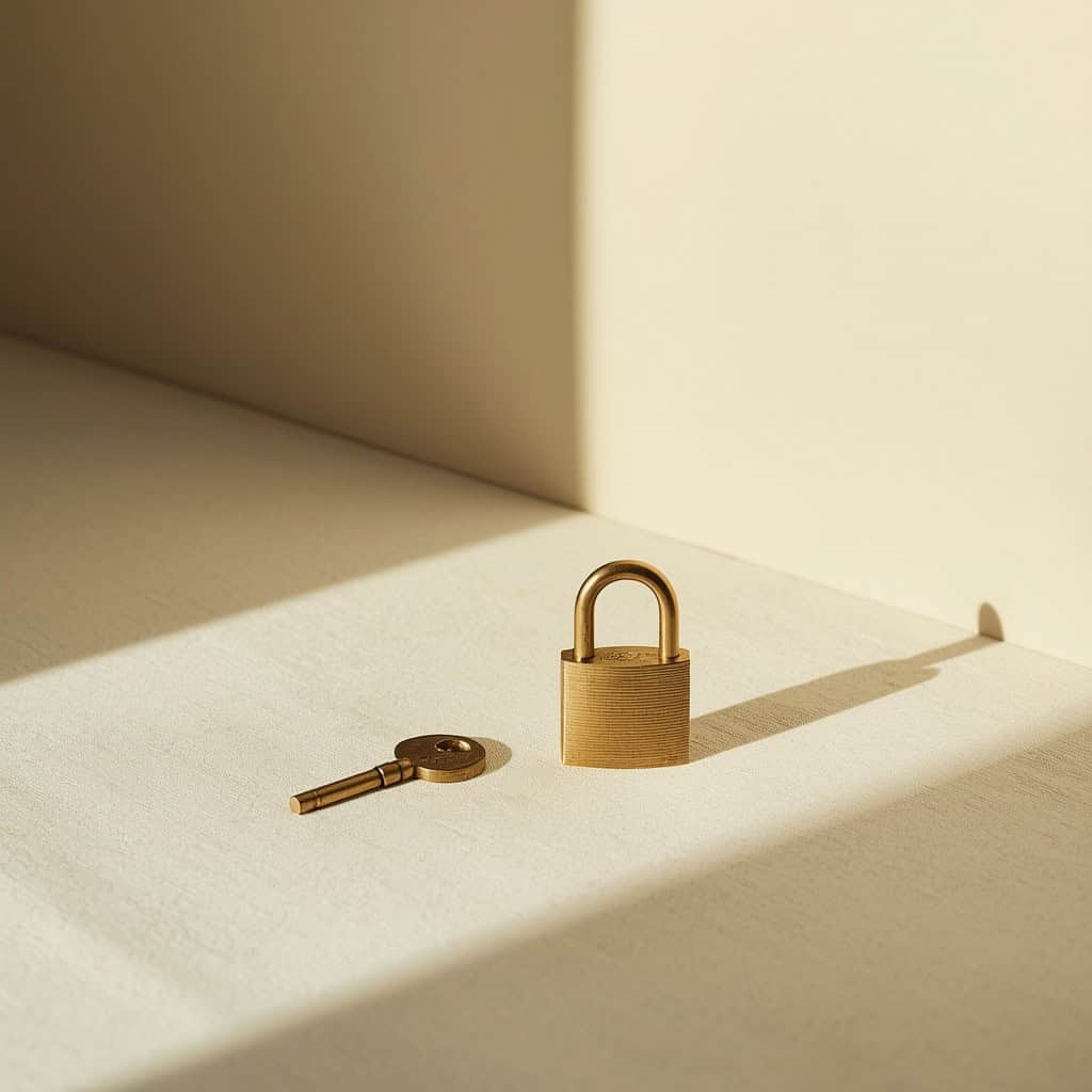 Llave de latón antigua junto a un candado cerrado, sin insertar, sobre un lienzo de lino con luz lateral suave